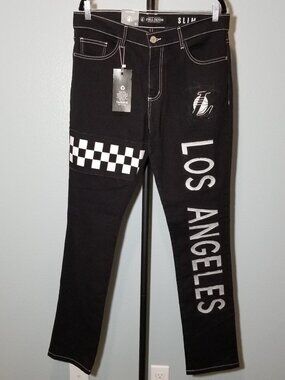 FISLL NBA Mens 34x34 Los Angeles Lakers Denim Jeans Checkered Pattern Black NWT